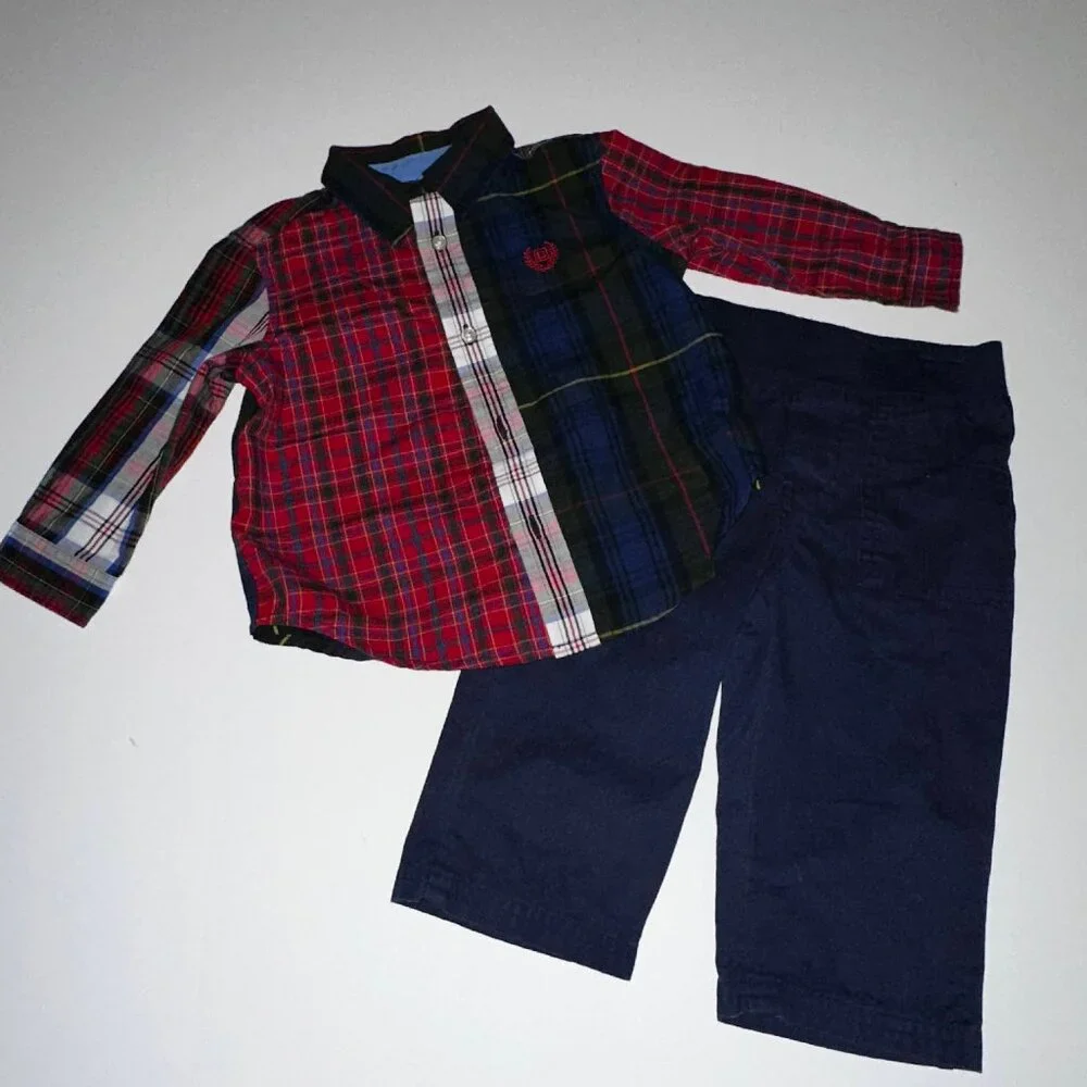 CHAPS Baby Boys 9M Shirt/Pants Set Navy Pants & blue/red plaid Shirt